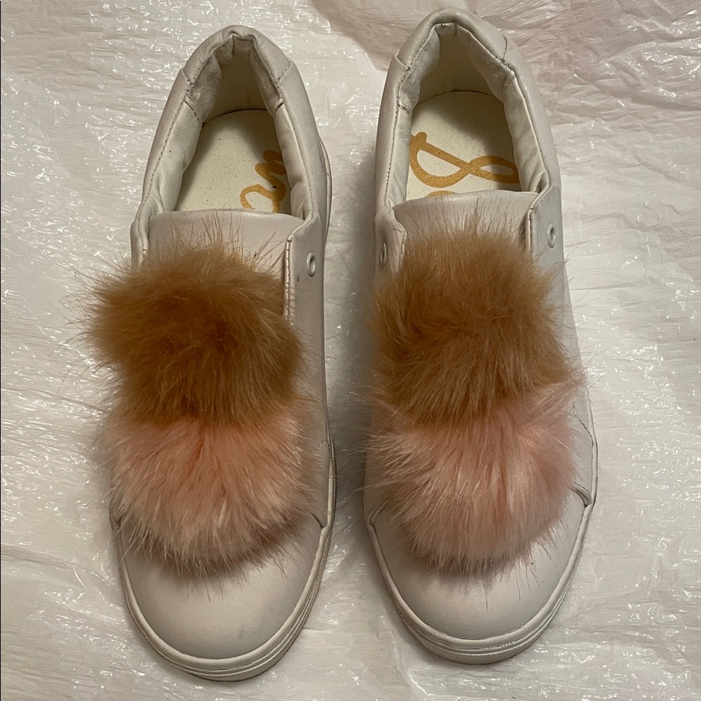 Sam Edelman White Sneakers with Pink & Brown Fur Accent